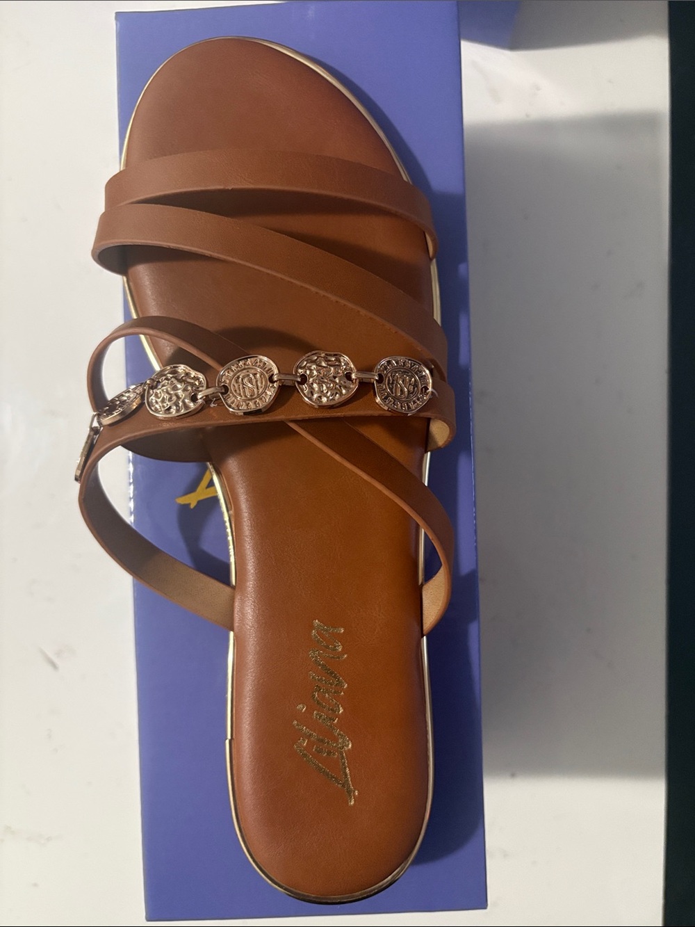 Liliana Tan Brown Strappy Sandal with Gold Medallion Accents